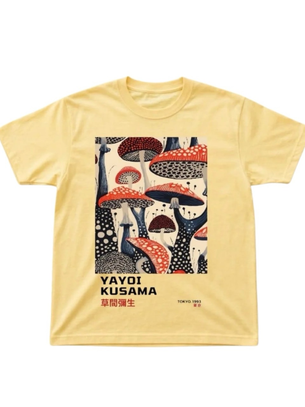 Yellow Graphic Tee with Red & Navy Mushroom Print